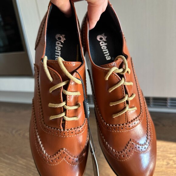 BNIB Odema Brown Brogue Lace Up‎ Oxford Tip Chunky Heels Leather Shoes - Size 8 - Picture 7 of 9